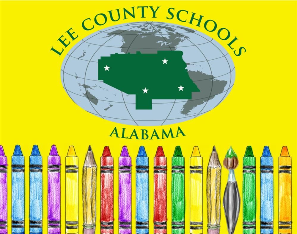  crayons, pencils, and a paintbrush standing against a yellow background with Lee County logo above